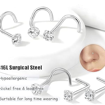8PCS Nose Rings Studs 20G 18G Surgical Steel CZ Piercing Jewelry