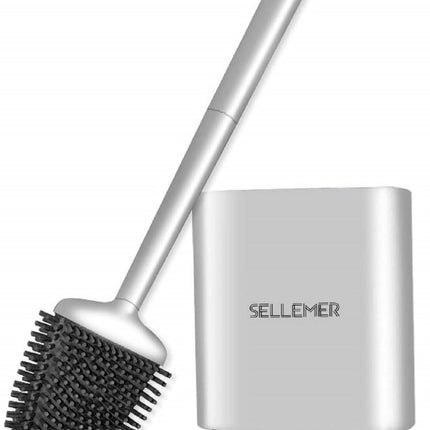 Toilet Brush & Holder Set – Silicone Bristles, Compact Ventilated Base, Silver