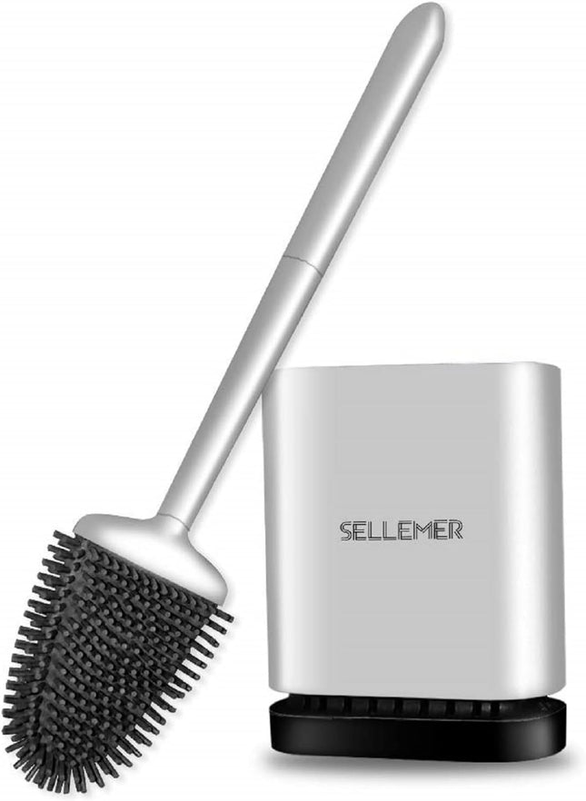 Toilet Brush & Holder Set – Silicone Bristles, Compact Ventilated Base, Silver
