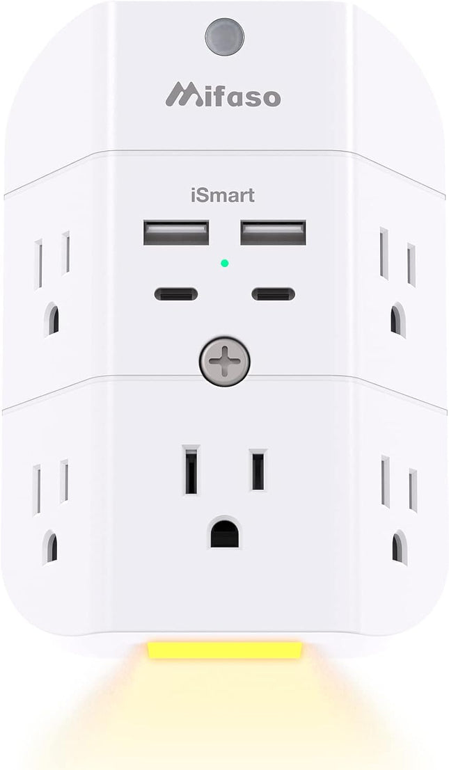 5-Outlet Wall Surge Protector with 4 USB Ports (2 USB-C) & Night Light