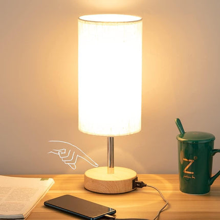 Bedside Touch Table Lamp with USB – 3-Way Dimmable, Wood Base