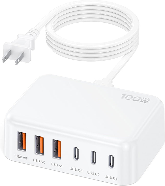 6 in 1 USB Charger 100W Fast Charging Hub with Type C Ports for Travel