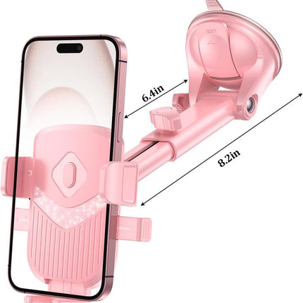 360° Car Phone Holder Pink, Adjustable Suction Cup & Vent Mount, Universal Fit