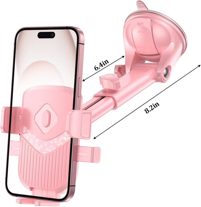 360° Car Phone Holder Pink, Adjustable Suction Cup & Vent Mount, Universal Fit