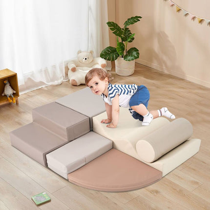 6-Piece Kids Climb & Crawl Foam Play Set - Educational Activity Toys - Khaki/Beige
