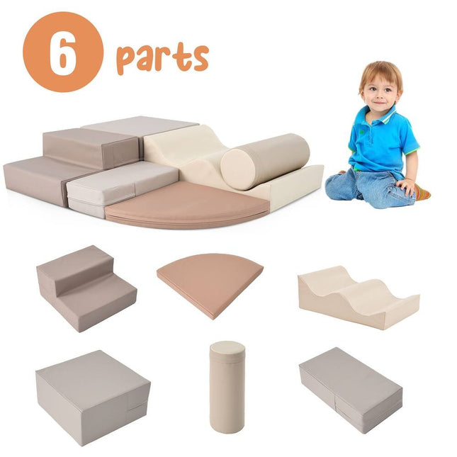 6-Piece Kids Climb & Crawl Foam Play Set - Educational Activity Toys - Khaki/Beige