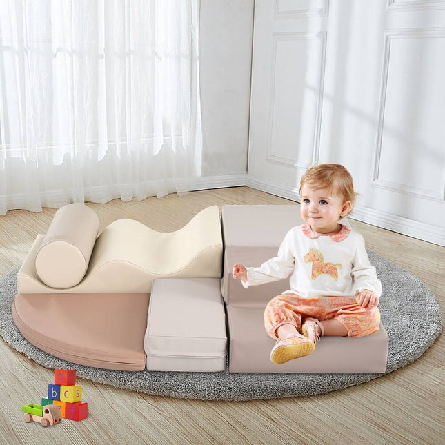 6-Piece Kids Climb & Crawl Foam Play Set - Educational Activity Toys - Khaki/Beige