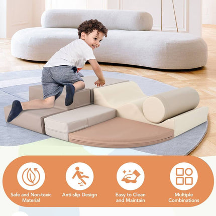 6-Piece Kids Climb & Crawl Foam Play Set - Educational Activity Toys - Khaki/Beige
