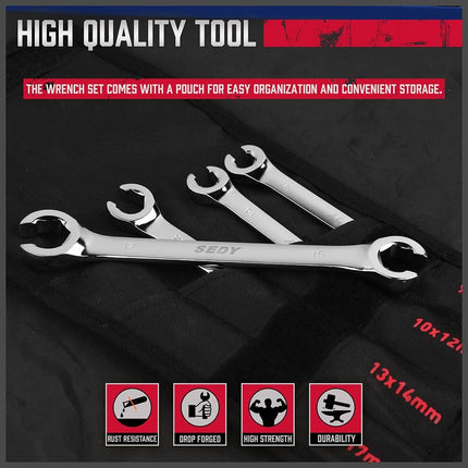 4-Piece Flare Nut Wrench Set, 9-17mm Metric Offset Spanners, CR-V Steel with Pouch