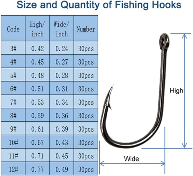 300Pc High Carbon Steel Barbed Fishing Hooks Set, 10 Sizes with Storage Box