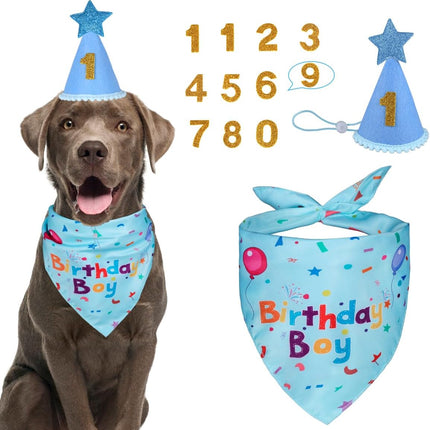 Dog Birthday Party Set: Bandana & Hat for Small, Medium, Large Dogs (Blue)