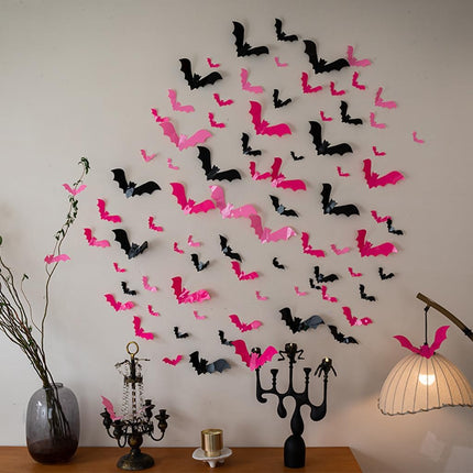 72-Piece Pink & Black 3D Bat Wall Decals, PVC Waterproof Removable Halloween Decor