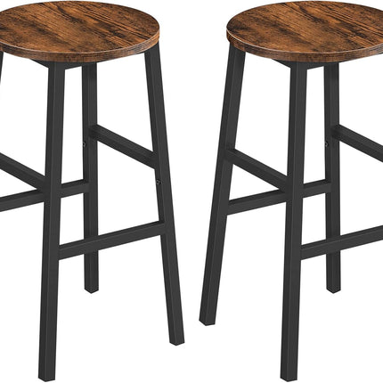 Set of 2 Rustic Brown Industrial Bar Stools with Round Seats and Footrests, 24.4 Inch