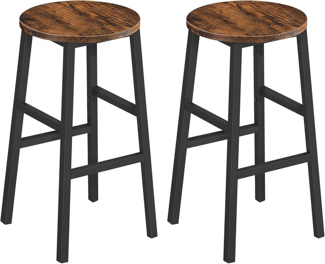 Set of 2 Rustic Brown Industrial Bar Stools with Round Seats and Footrests, 24.4 Inch