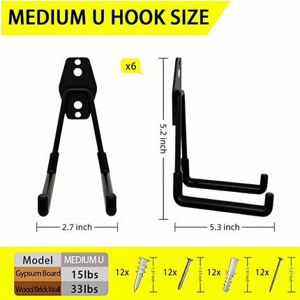 6-Pack Heavy-Duty Garage Utility Hooks, 5.3in Steel Anti-Slip Wall Hooks for Storage