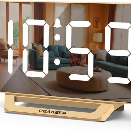 Slim Digital Mirror Alarm Clock – LED Display, Battery Backup, Gold, for Bedroom