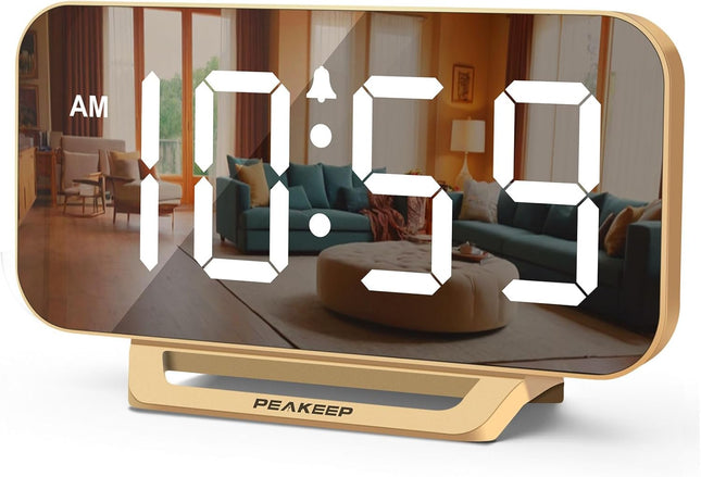 Slim Digital Mirror Alarm Clock – LED Display, Battery Backup, Gold, for Bedroom