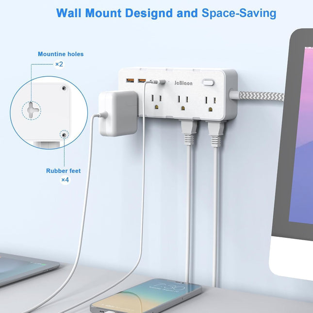 Multi Plug Power Strip – 8 Outlets, 4 USB Ports, Flat Plug & Wall Mount