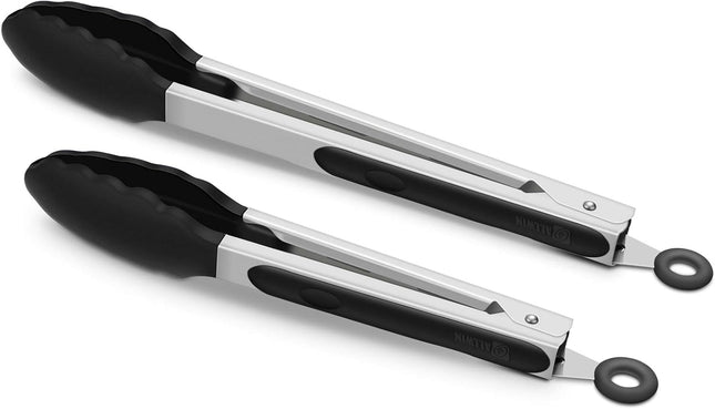 2 Pack Black Kitchen Tongs Silicone Stainless Steel BBQ Cooking Locking 9 & 12