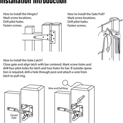 Gate Hardware Set, 6" T Strap Hinges, 10" Handle & Self-Locking Latch