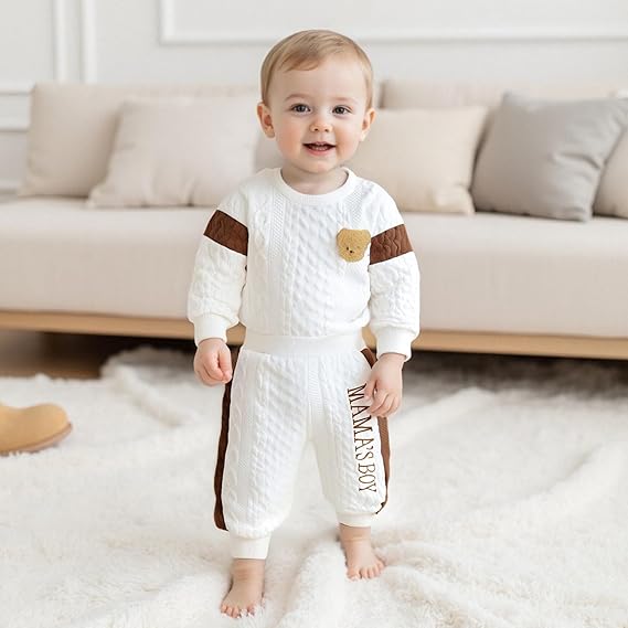 Infant Baby Boy Fall/Winter Outfit – Bear Romper & Pants 2-Piece Set