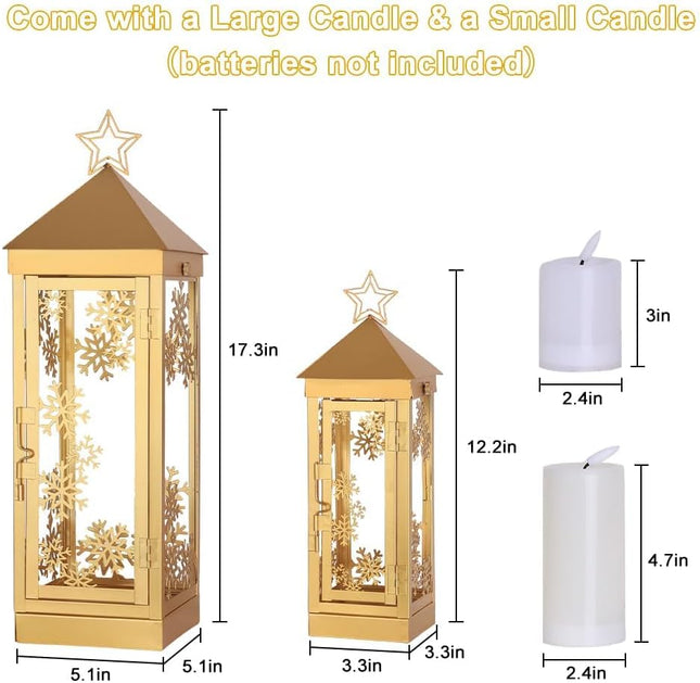 Christmas Lanterns Metal Set – 17" & 12" LED Candle Decor for Indoor/Outdoor