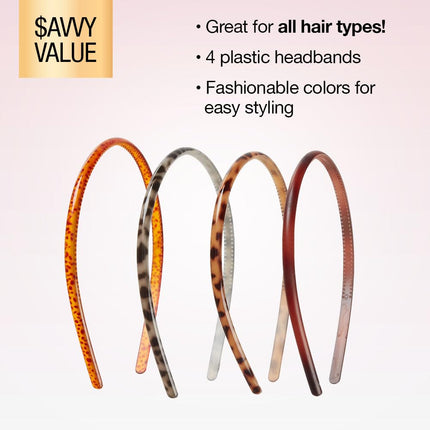 4 Count Skinny Plastic Headbands Women Men Assorted Tortoise Hair Accessories