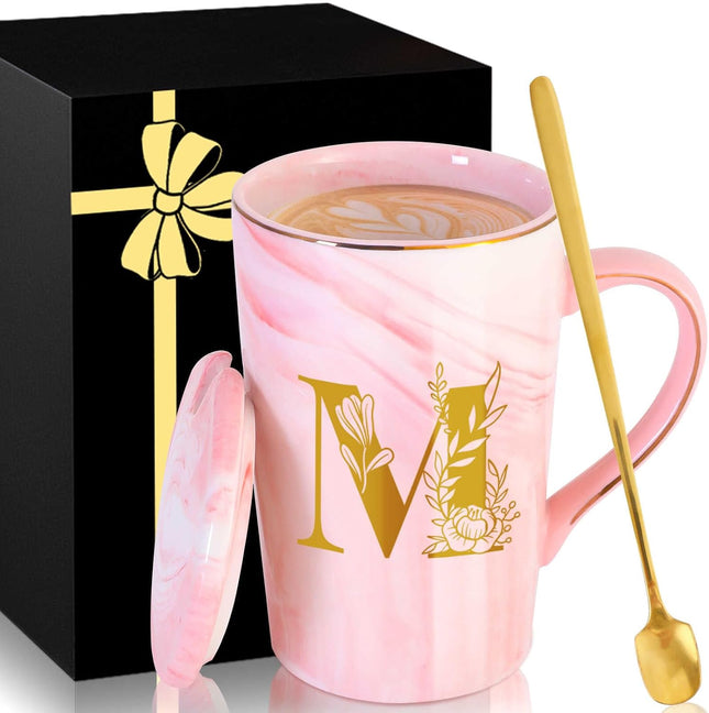 Personalized Pink Marble Ceramic Coffee Mug with Lid, Gold Monogram Gift for Women