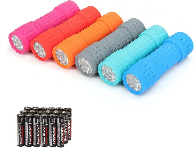 6-Pack 9-LED Flashlights – Handheld Torch, Assorted Colors, AAA Included