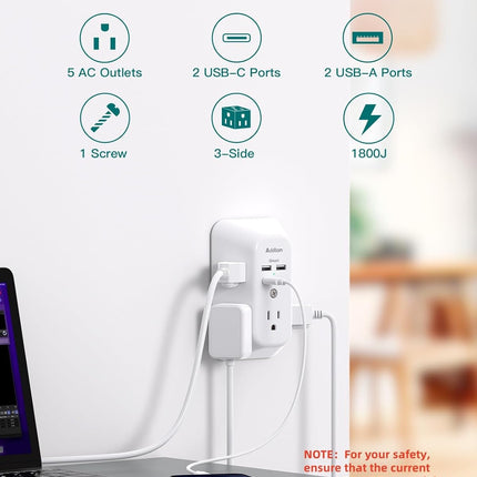 Surge Protector Outlet Extender – 5-Outlet Splitter with 4 USB Wall Charger