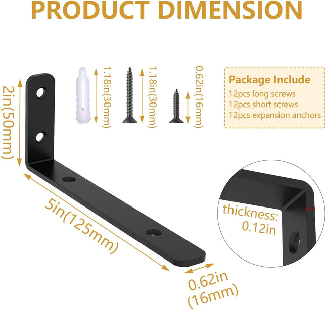 6PCS L Brackets (5"x2") – Black Shelf Support Corner Brackets for Wooden Boards