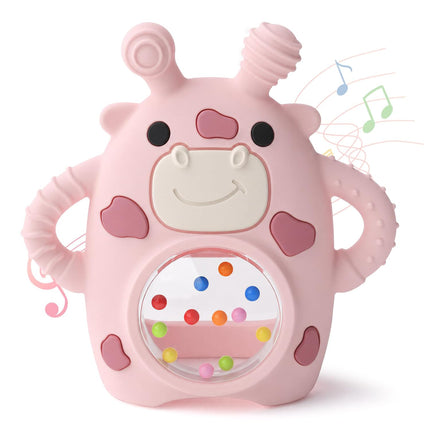 Baby Teether & Sensory Rattle Toy, Anti-Drop Hand Mitt, Teething Relief, Pink Cow