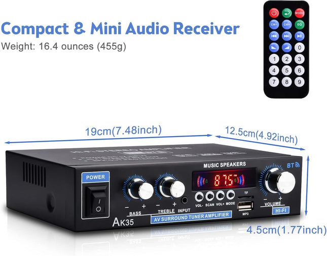 AK35 Home Audio Amplifier, 200W Bluetooth 5.0, FM/USB/SD, Remote Control