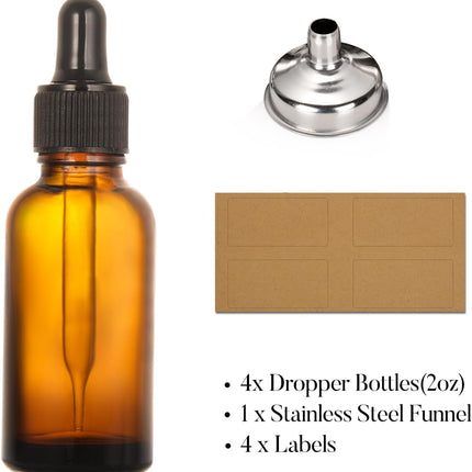 4-Pack 2oz Amber Glass Bottles – Dropper, Funnel & Labels for Essential Oils
