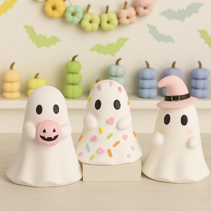 3-Piece Pink Halloween Ghost Figurines, Resin Pastel Tabletop & Mantel Decorations
