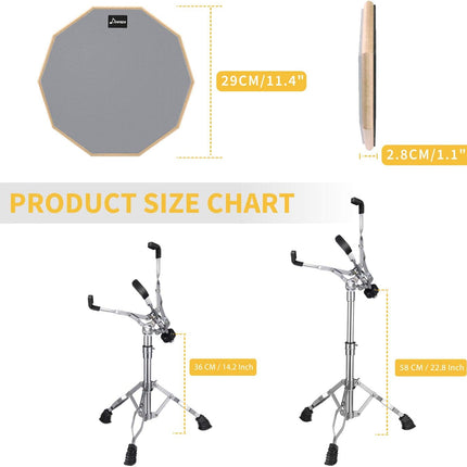 Snare Drum Stand Set 12in Practice Pad Drumsticks Backpack Fits 10in-14in Drum