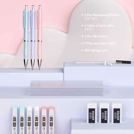 3PCS Mechanical Pencil Set – 0.7mm, Case, HB Lead & Eraser Refills