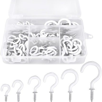 90PCS White Ceiling Hooks Kit Vinyl Coated Screw In Hanging Hooks 6 Sizes
