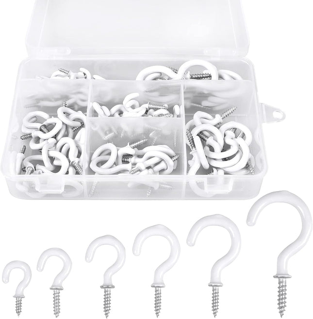 90PCS White Ceiling Hooks Kit Vinyl Coated Screw In Hanging Hooks 6 Sizes