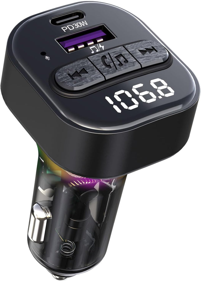 Bluetooth FM Transmitter Car Charger with LED Display USB C PD Support