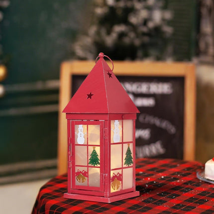 Christmas Lantern Decor 15" – Red Metal Candle Holder with Snowman & LED String