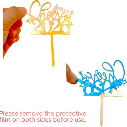 Happy New Year 2026 Cake Topper Mirror Gold Acrylic Party Decoration