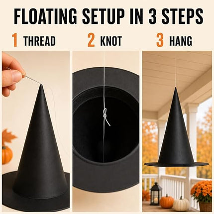 10-Piece Hanging Witch Hats with 157FT Line, Floating Halloween Indoor Outdoor Decor