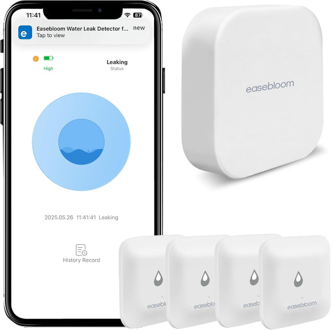 4-Pack Smart Water Leak Detector with Hub & App Alerts for Home
