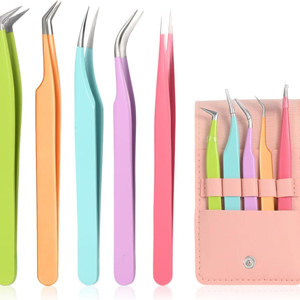 5PCS Eyelash Extension Tweezers Straight Curved Precision Lash Tools Set