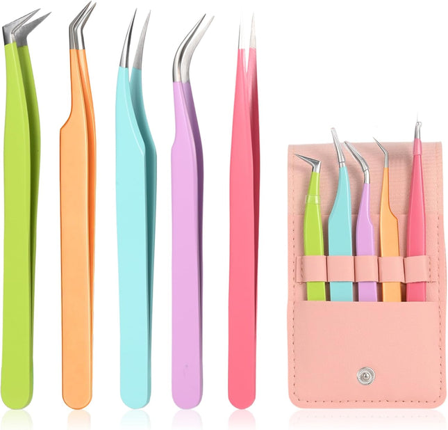 5PCS Eyelash Extension Tweezers Straight Curved Precision Lash Tools Set