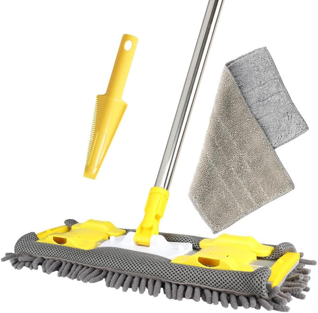 Flat Dust Mop with Microfiber & Chenille Pads – Wet & Dry, Adjustable Handle