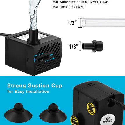 50GPH 3W Mini Submersible Water Pump with 3.3FT Tubing for Aquarium, Pond & Fountain
