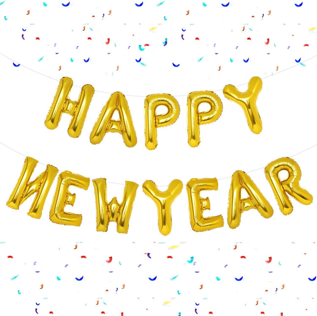 16-Pc Gold Happy New Year Balloons – 2024 NYE Backdrop & Party Decor