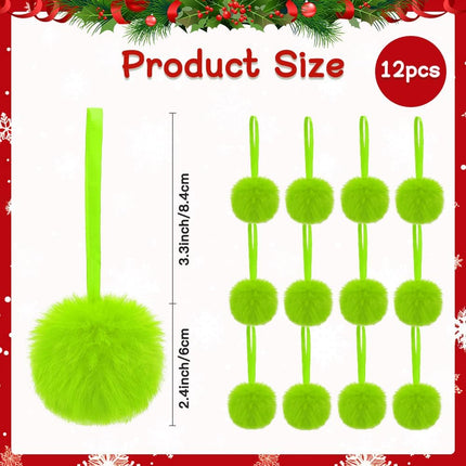 12pcs Lime Green Furry Ornaments – Faux Fur Pom Pom Balls for Christmas Décor